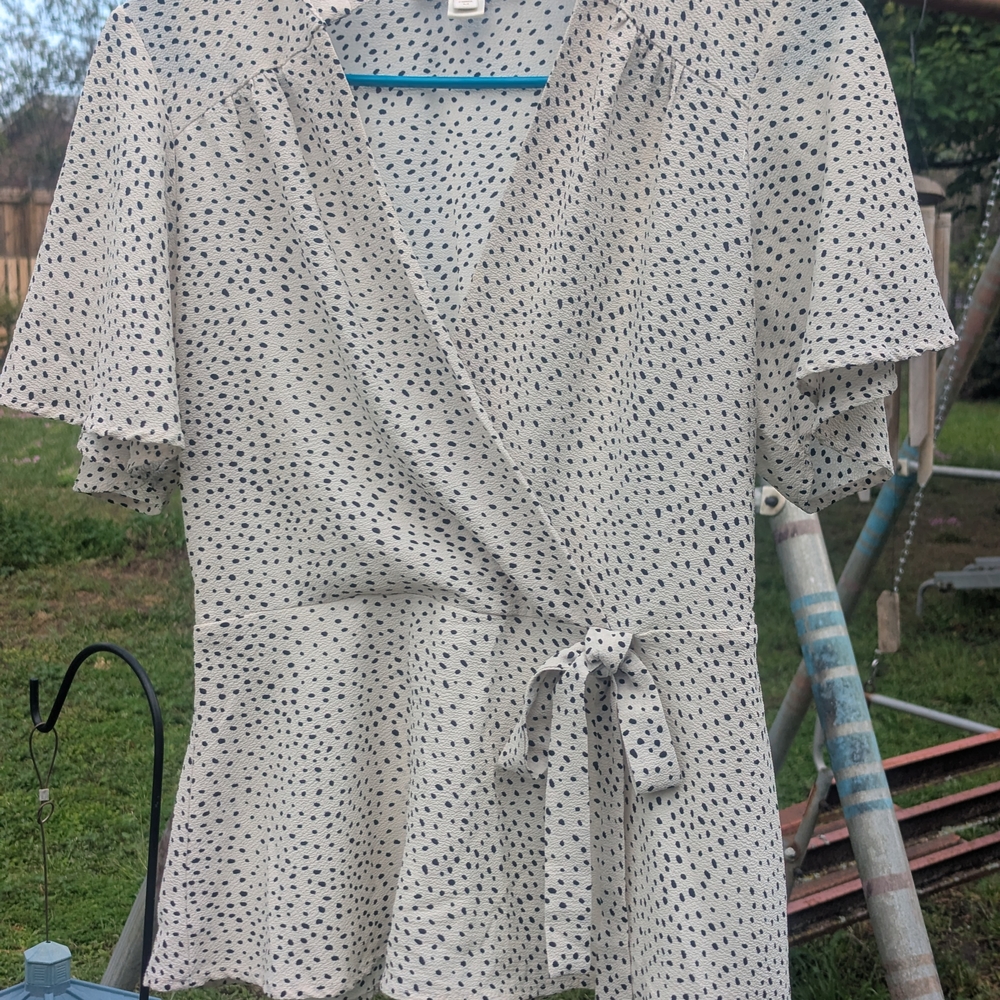 Monteau Cream Wrap Blouse with Black Dot Print